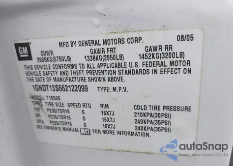 2006 Chevrolet Trailblazer Ls из США, поврежденный, VIN 1GNDT13S662122099